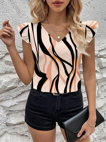 Multicolor Soft Fabric Abstract Stripe Print Rolled-Up Relaxed Fit Top For Women & Girls