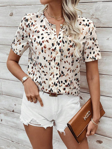 Western Love White Soft Fabric Abstract Stripe Print Rolled-Up Short Sleeves Round Neckline Relaxed Fit Top For Women & Girls