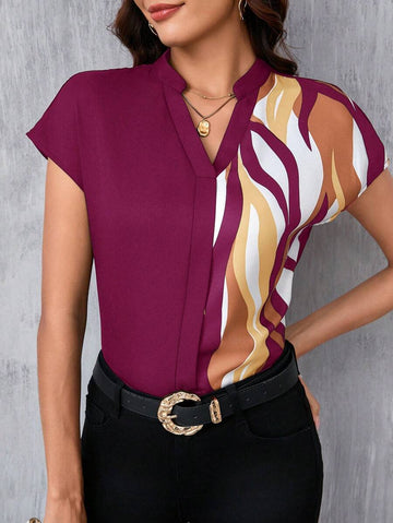 WesternLove Maroon Artistic Abstract Print Rolled-Up Short Sleeves Round Neck Top