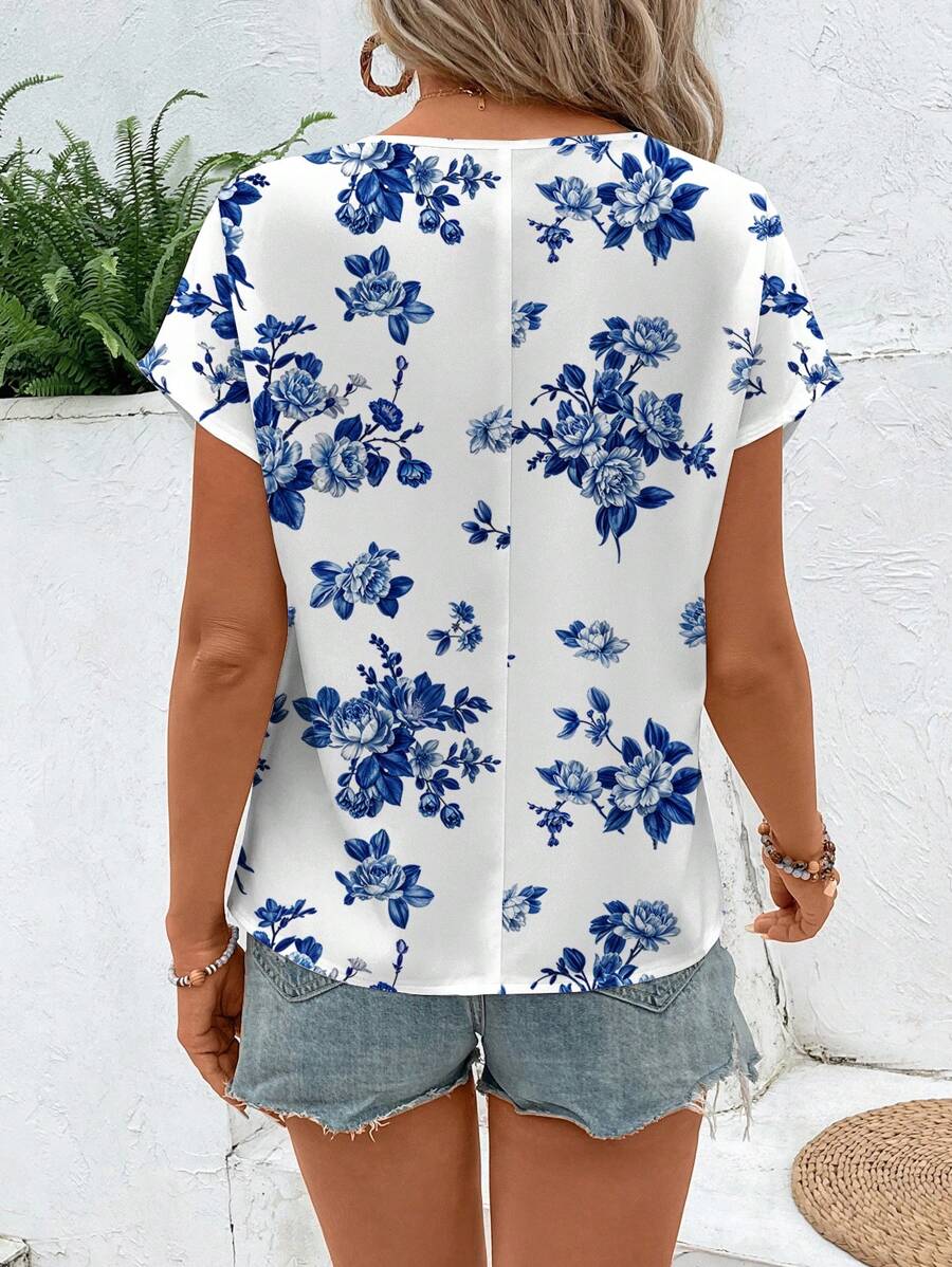 Western Love Multicolor Soft Fabric Floral Print Rolled-Up Short Sleeves Round Neckline Relaxed Fit Top For Women & Girls