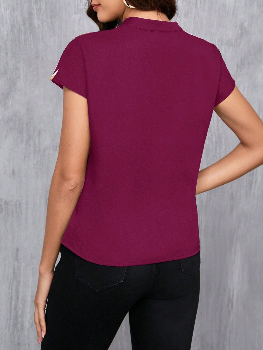 WesternLove Maroon Artistic Abstract Print Rolled-Up Short Sleeves Round Neck Top