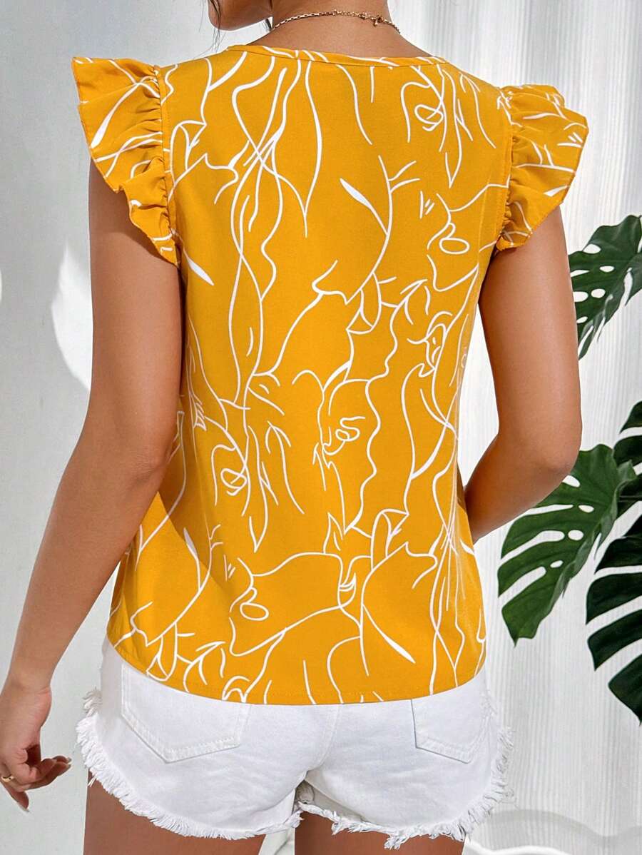 WesternLove Yellow Soft Fabric Abstract Stripe Print Rolled-Up Short Sleeves Round Neckline Relaxed Fit Top For Women
