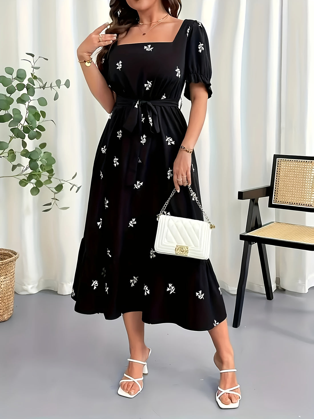 Woman wearing a black dress with white floral patterns in a minimal indoor setting.
