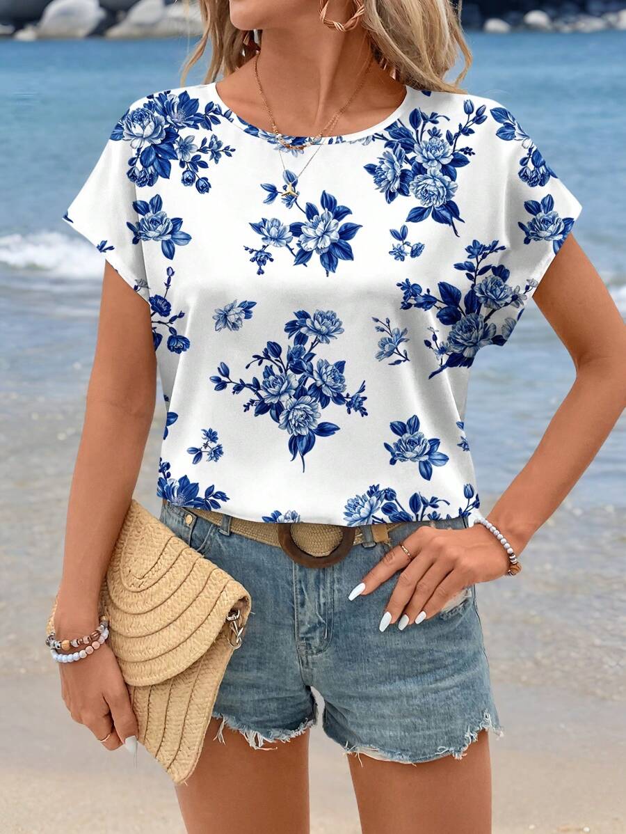 Western Love Multicolor Soft Fabric Floral Print Rolled-Up Short Sleeves Round Neckline Relaxed Fit Top For Women & Girls