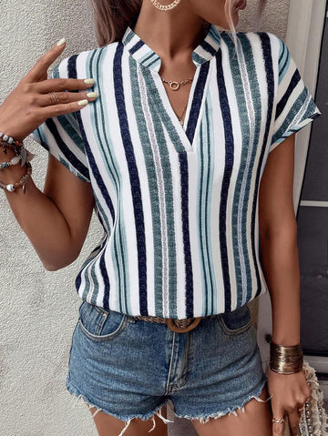 WesternLove Multicolor Striped Print Notched Neck Short Sleeve Top