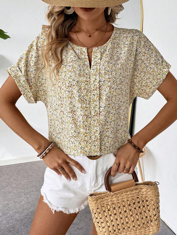 Western Love Abstract Stripe Print Rolled-Up Short Sleeves Round Neckline Relaxed Fit Top For Women & Girls