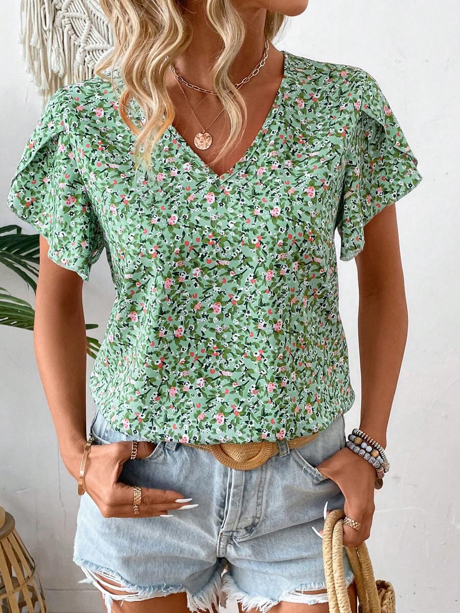 Western Love Print Rolled-Up Short Sleeves Round Neckline Relaxed Fit Top For Women & Girls