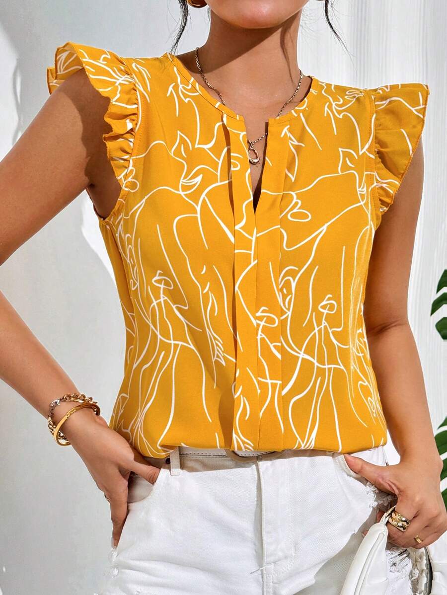 WesternLove Yellow Soft Fabric Abstract Stripe Print Rolled-Up Short Sleeves Round Neckline Relaxed Fit Top For Women