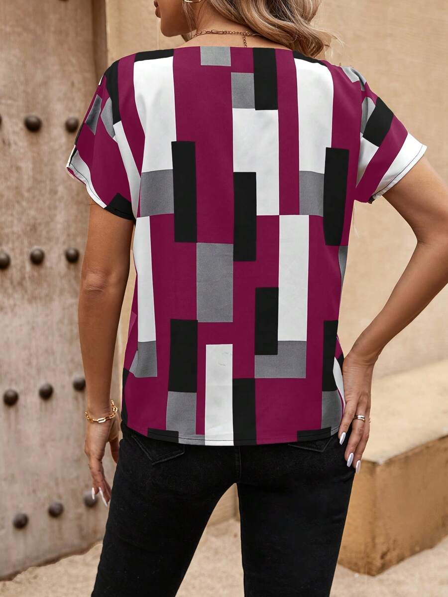 WesternLove Multicolor Abstract Stripe Print Short Sleeves Round Neck Top