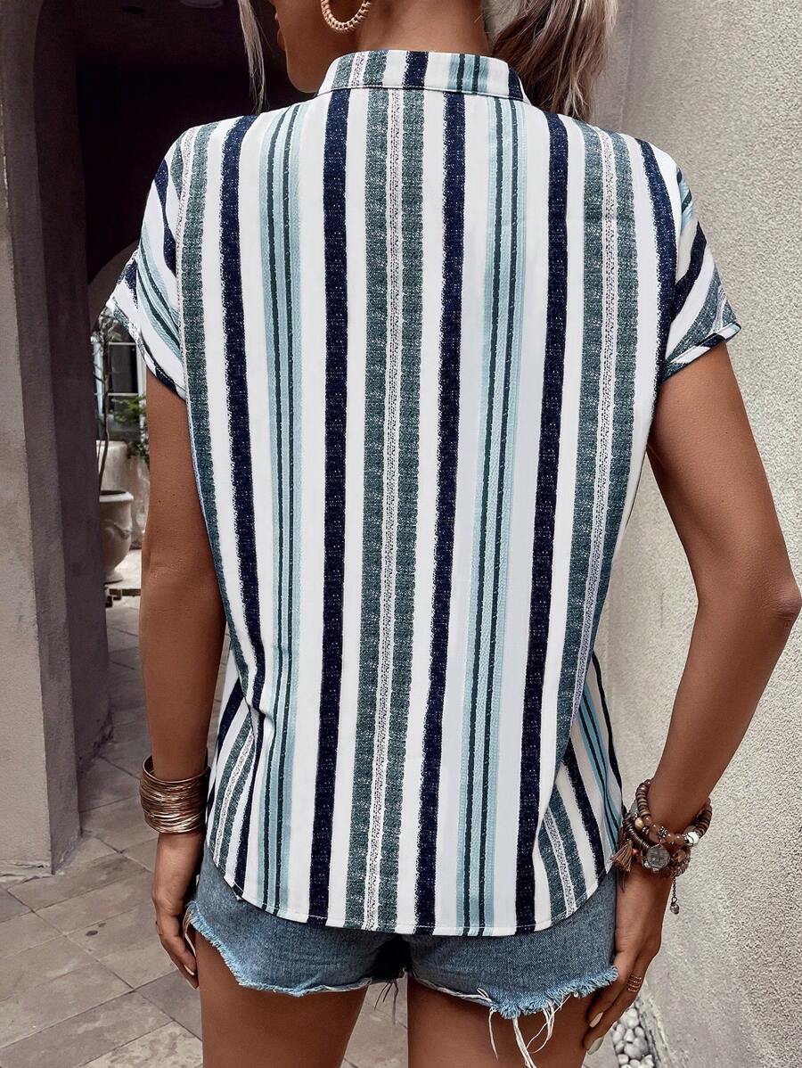 WesternLove Multicolor Striped Print Notched Neck Short Sleeve Top