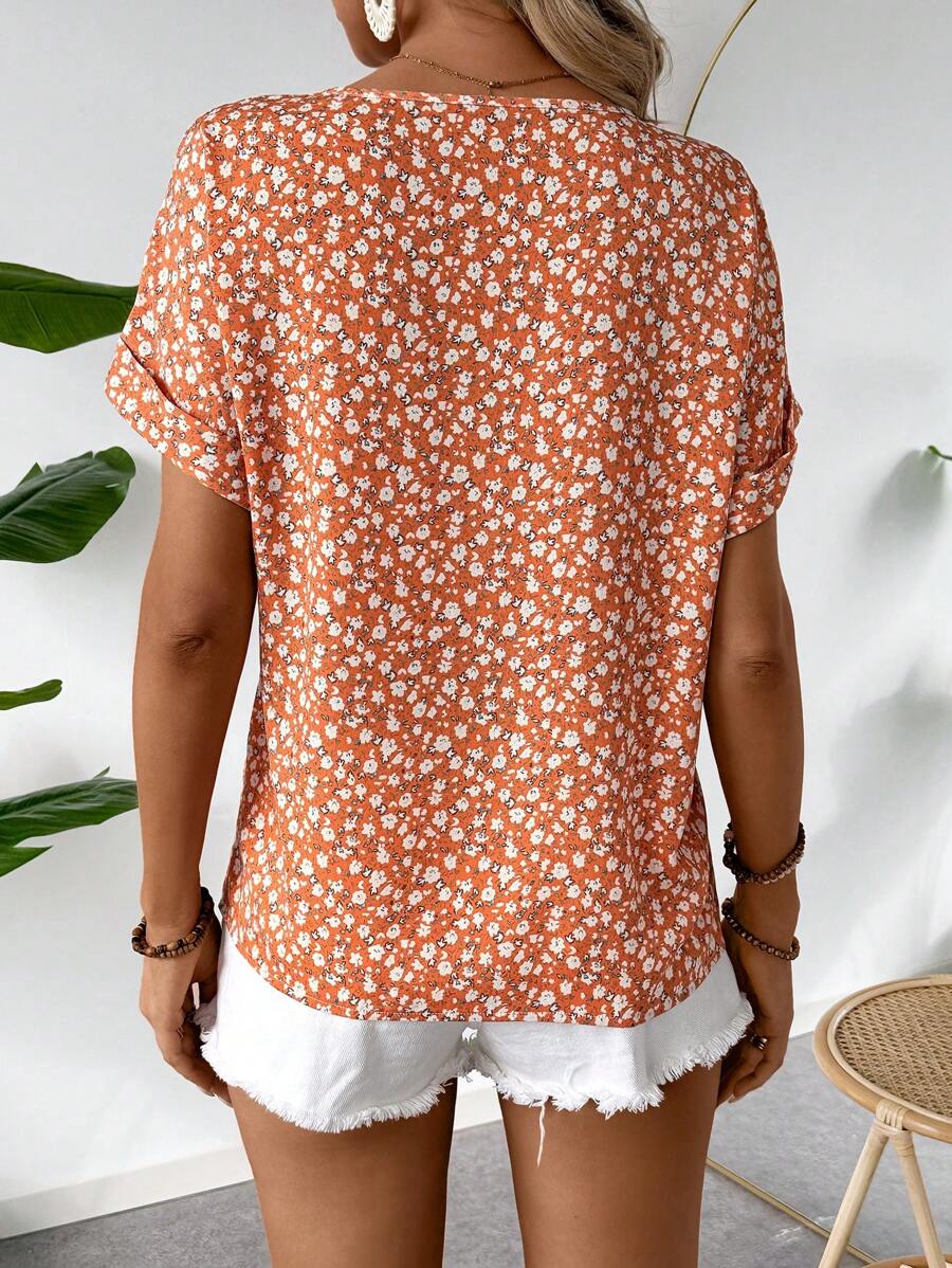 WesternLove Orange Soft Fabric Abstract Stripe Print Rolled-Up Short Sleeves Round Neckline Relaxed Fit Top For Women & Girls