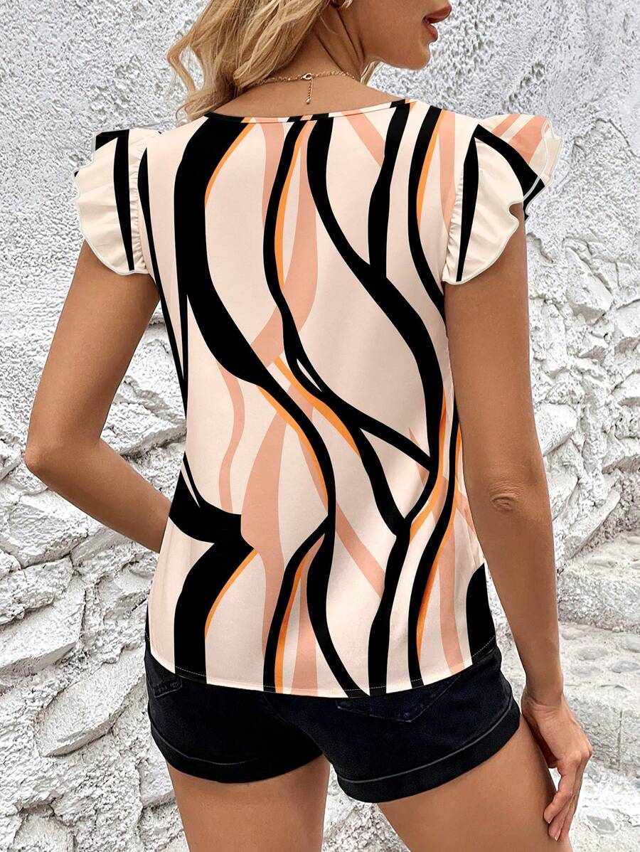 Multicolor Soft Fabric Abstract Stripe Print Rolled-Up  Relaxed Fit Top For Women & Girls